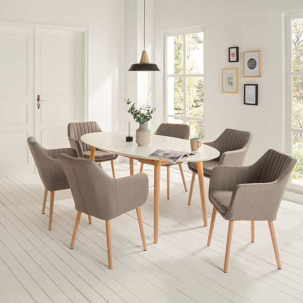Armlehnenstuhl Leedy - Webstoff / Eiche massiv - Webstoff Zea: Beige - Einzelstuhl