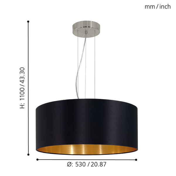 Pendelleuchte Maserlo II - Webstoff / Stahl - 3-flammig - Schwarz / Gold