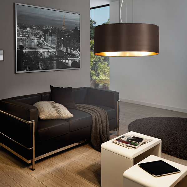 Pendelleuchte Maserlo II - Webstoff / Stahl - 3-flammig - Cappuccino / Gold