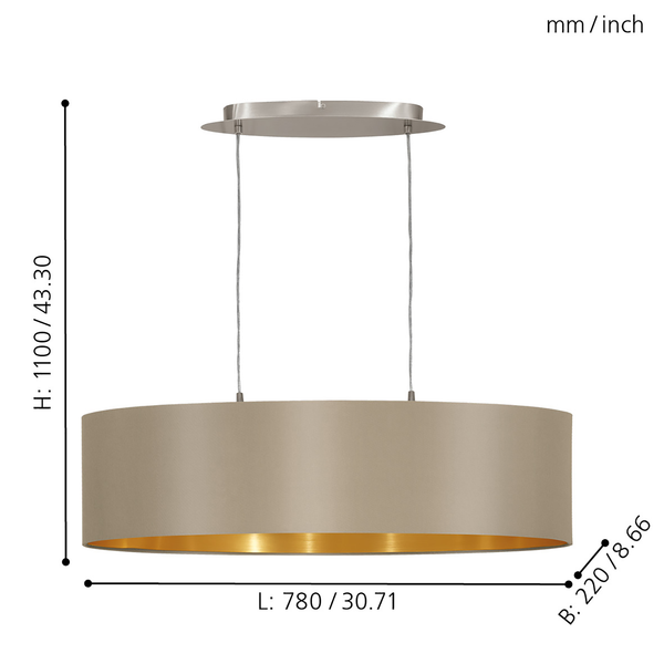 Pendelleuchte Maserlo III - Webstoff / Stahl - 2-flammig - Taupe / Gold - Breite: 78 cm