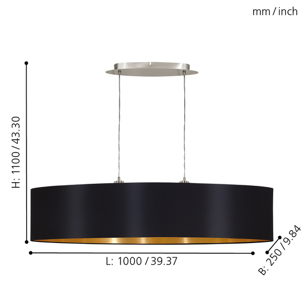Pendelleuchte Maserlo III - Webstoff / Stahl - 2-flammig - Schwarz / Gold - Breite: 100 cm