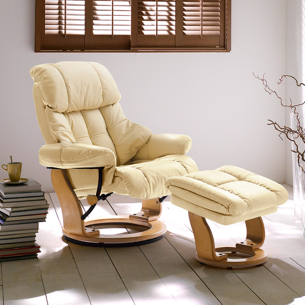 Relaxsessel Grunewald (mit Hocker) - Echtleder / Kunstleder - Creme - Hellbraun