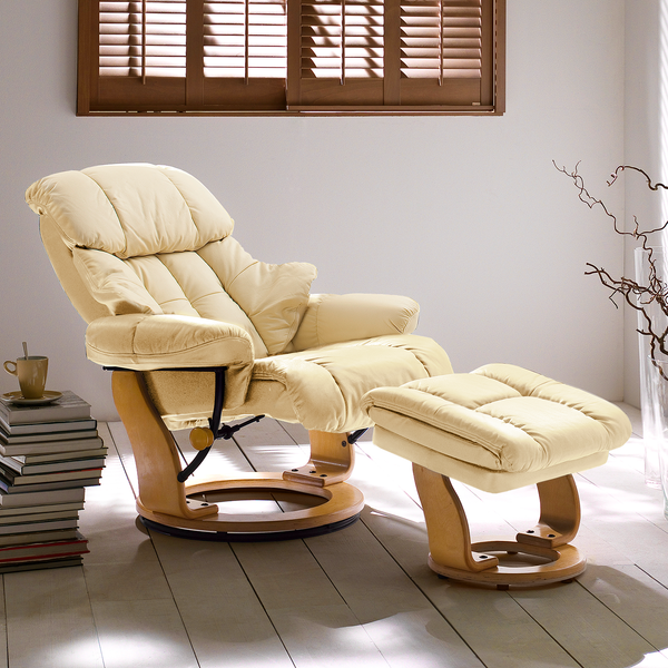Relaxsessel Grunewald (mit Hocker) - Echtleder / Kunstleder - Creme - Hellbraun