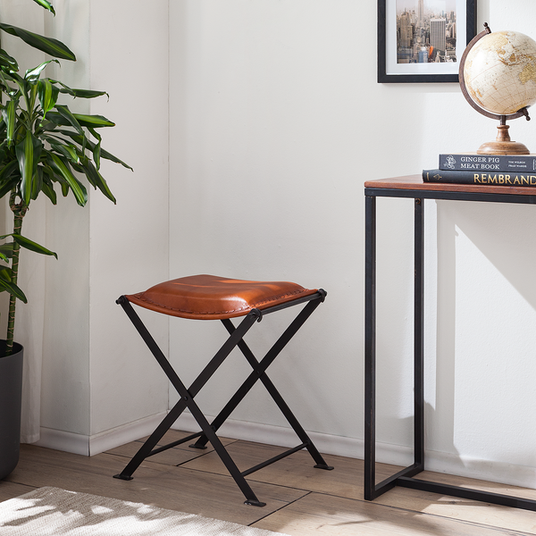 Hocker Nita Echtleder - Echtleder / Metall - Cognac / Schwarz