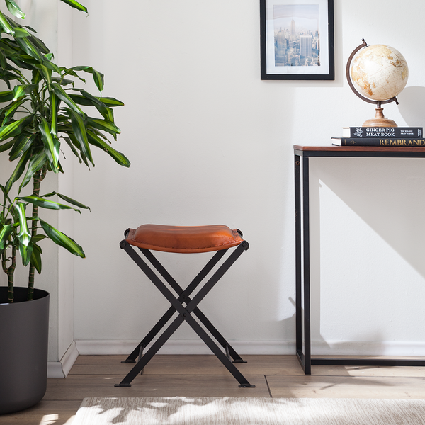 Hocker Nita Echtleder - Echtleder / Metall - Cognac / Schwarz
