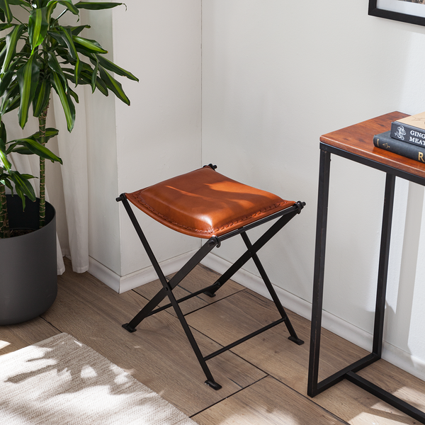 Hocker Nita Echtleder - Echtleder / Metall - Cognac / Schwarz