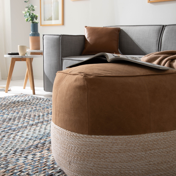 Pouf Maihar I - Echtleder / Webstoff - Braun / Beige