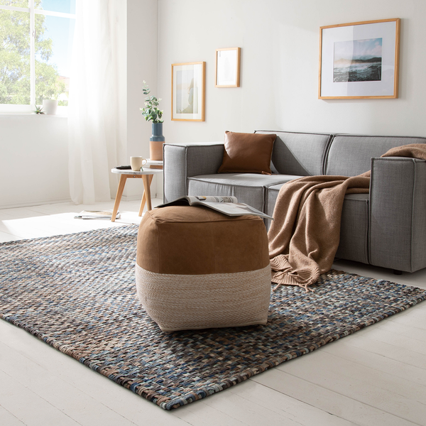 Pouf Maihar I - Echtleder / Webstoff - Braun / Beige