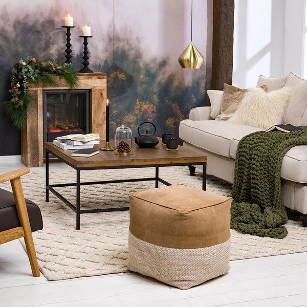 Pouf Maihar I - Echtleder / Webstoff - Braun / Beige