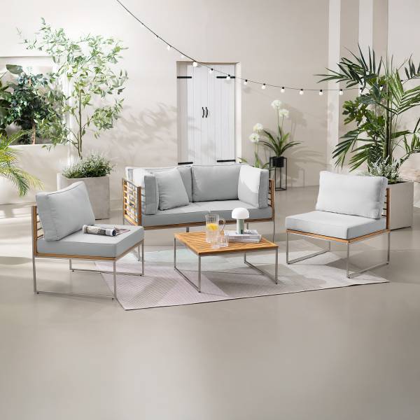 Loungeecke TEAKLINE - Webstoff / Teak massiv - Hellgrau