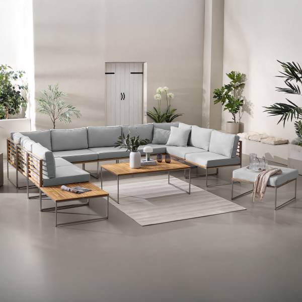 Loungeecke TEAKLINE - Webstoff / Teak massiv - Hellgrau