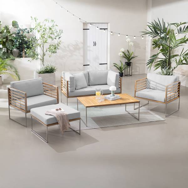 Loungehocker TEAKLINE - Webstoff / Teak massiv - Hellgrau