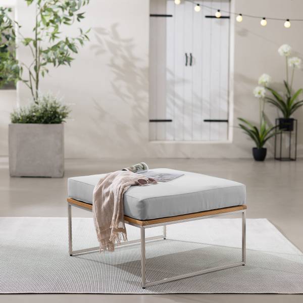 Loungehocker TEAKLINE - Webstoff / Teak massiv - Hellgrau