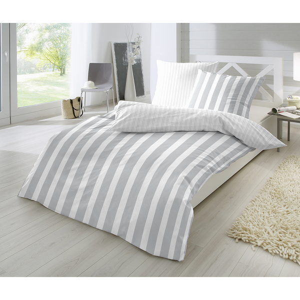 Perkal-Bettwäsche Smood flat stripe - Baumwollstoff - Kies - 155 x 220 cm + Kissen 80 x 80 cm