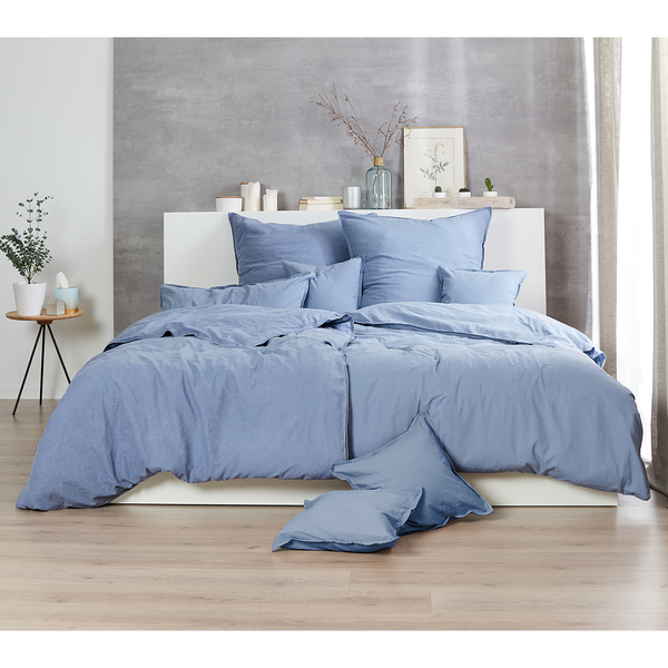 Renforce-Bettwäsche Stonewashed Pure - Baumwolle - Matt Hellblau - 135 x 200 cm + Kissen 80 x 80 cm - 2-teilig