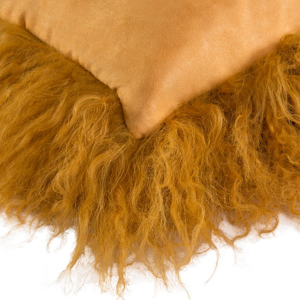 Kissenbezug Pamina - Vorderseite: Tibetlammfell<br>Rückseite: Webstoff - Safrangelb