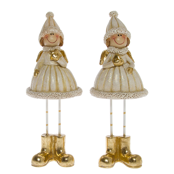 Dekofigur Winterkinder (2-teilig) - Polyresin - Creme / Gold