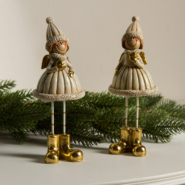 Dekofigur Winterkinder (2-teilig) - Polyresin - Creme / Gold
