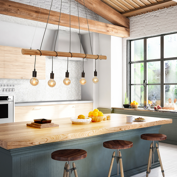 Pendelleuchte Damian - Metall / Holz - 5-flammig