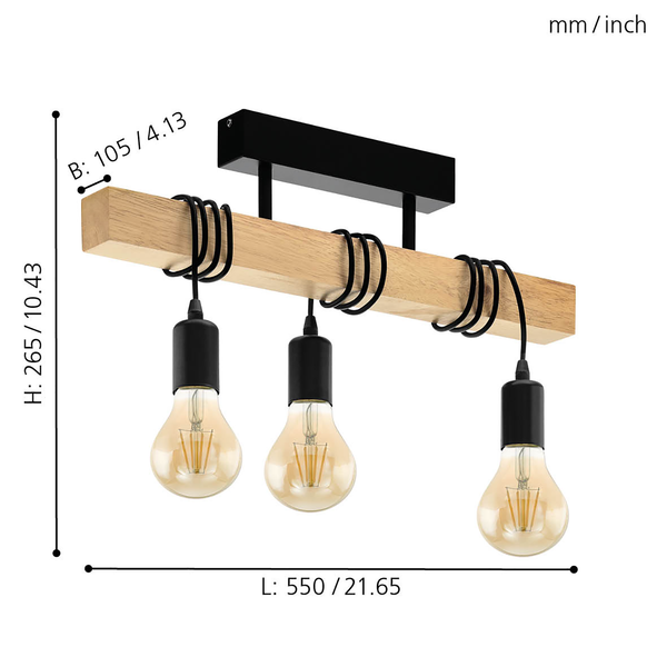 Deckenleuchte Townshend - Stahl / Gummibaum massiv - 3-flammig