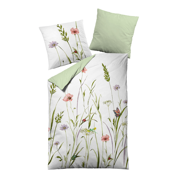 Bettwäsche Frühlingswiese - Satin - Grün / Weiß - 135 x 200 cm + Kissen 80 x 80 cm