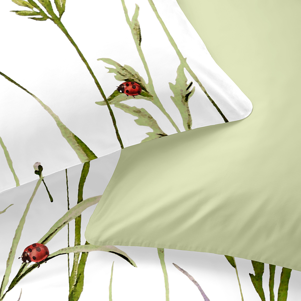 Bettwäsche Frühlingswiese - Satin - Grün / Weiß - 135 x 200 cm + Kissen 80 x 80 cm