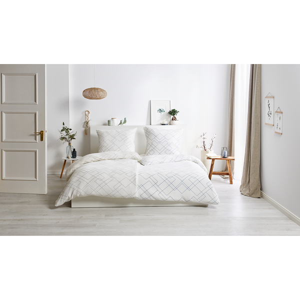 Bio-Crepe-Bettwäsche Bio Metric - Baumwollstoff - Weiß / Grau - 135 x 200 cm + Kissen 80 x 80 cm