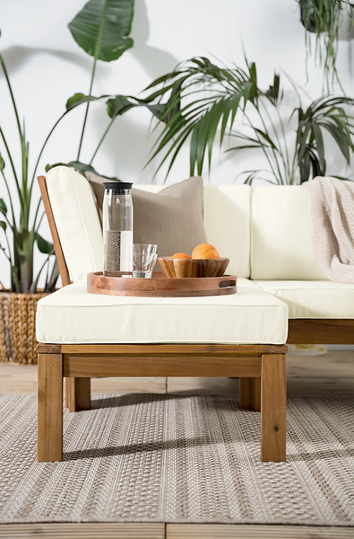 Loungehocker LEXI - Webstoff / Akazie massiv - Wollweiß