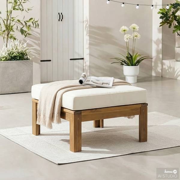 Loungehocker LEXI - Webstoff / Akazie massiv - Wollweiß