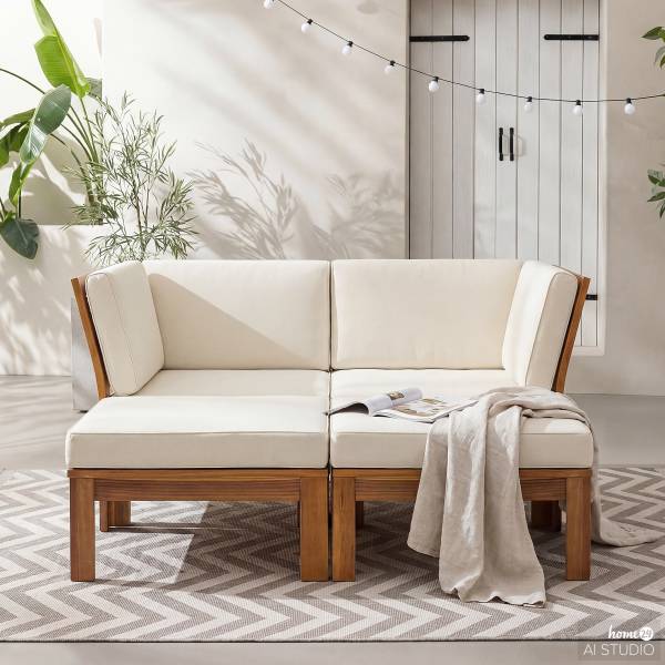 Loungehocker LEXI - Webstoff / Akazie massiv - Wollweiß