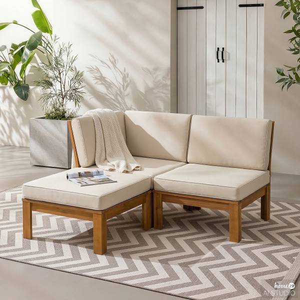 Loungehocker LEXI - Webstoff / Akazie massiv - Wollweiß