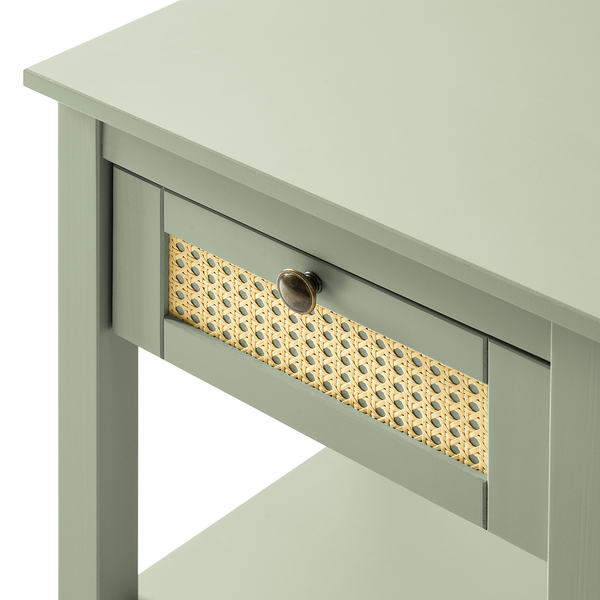 Nachttisch Belleria - Kiefer massiv / Wiener Geflecht - Helles Olivgrün