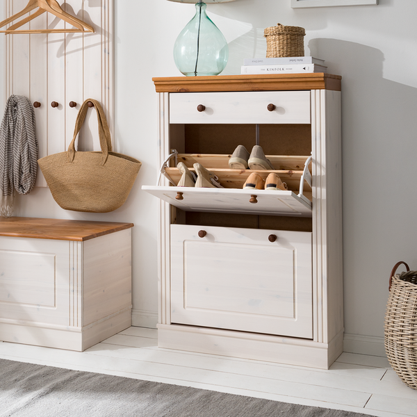 Schuhkipper LILLEHAMMER mit 2 Klappen - Kiefer massiv - Kiefer Weiß / Kiefer Honig