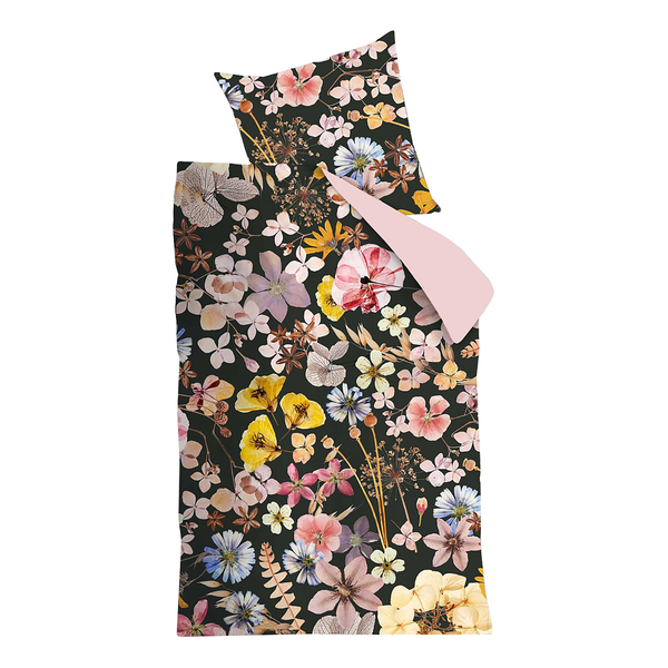 Bettwäsche Dried Flowers - Satin - Rosa / Schwarz / Multi - 135 x 200 cm + Kissen 80 x 80 cm