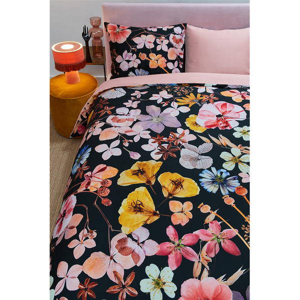 Bettwäsche Dried Flowers - Satin - Rosa / Schwarz / Multi - 135 x 200 cm + Kissen 80 x 80 cm