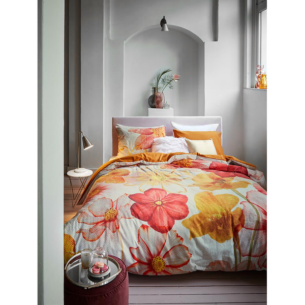 Bettwäsche Cosmea - Flanell - Gelb / Rot / Creme - 260 x 200/220 cm + 2 Kissen 70 x 60 cm