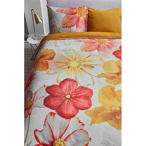 Bettwäsche Cosmea - Flanell - Gelb / Rot / Creme - 260 x 200/220 cm + 2 Kissen 70 x 60 cm