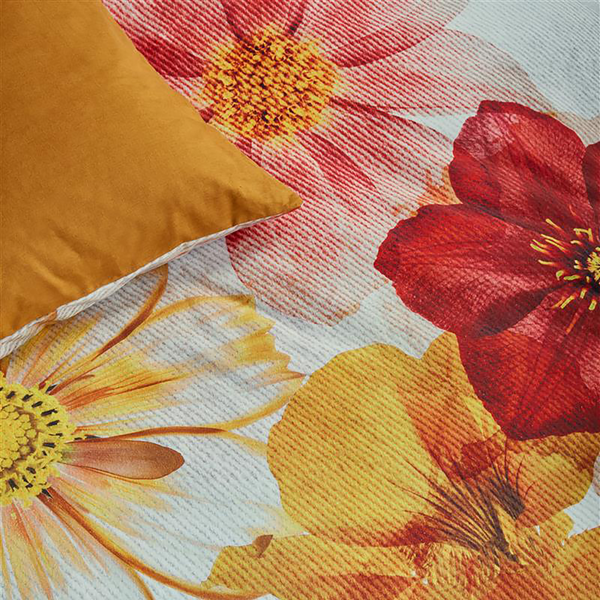 Bettwäsche Cosmea - Flanell - Gelb / Rot / Creme - 260 x 200/220 cm + 2 Kissen 70 x 60 cm