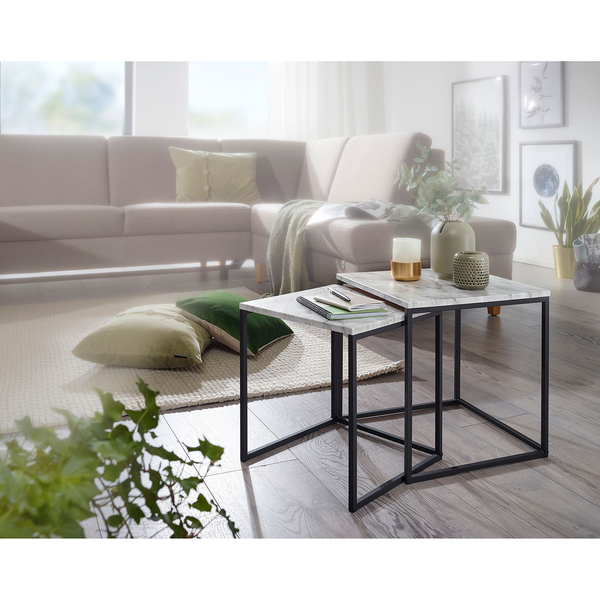 Beistelltisch Paiteago (2er-Set) - Marmor Weiß Dekor / Schwarz