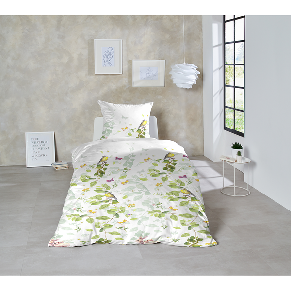 Satin-Bettwäsche Ajoux - Baumwollstoff - Weiß / Grün - 155 x 220 cm + Kissen 80 x 80 cm