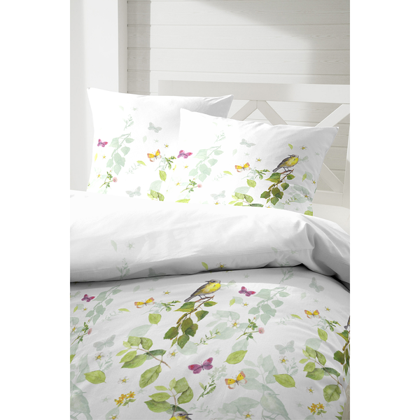 Satin-Bettwäsche Ajoux - Baumwollstoff - Weiß / Grün - 155 x 220 cm + Kissen 80 x 80 cm