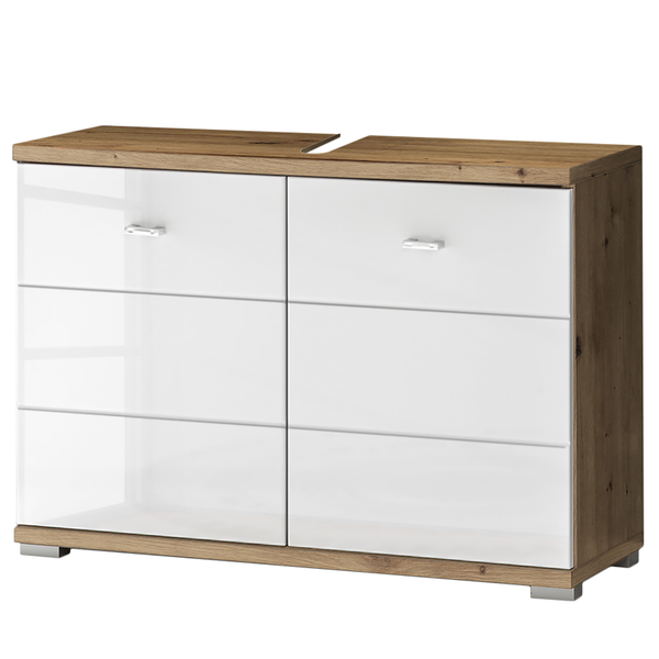 Waschbeckenunterschrank Wyntoon - Hochglanz Weiß / Eiche Dekor - Breite: 80 cm