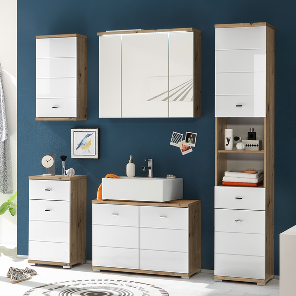 Waschbeckenunterschrank Wyntoon - Hochglanz Weiß / Eiche Dekor - Breite: 80 cm