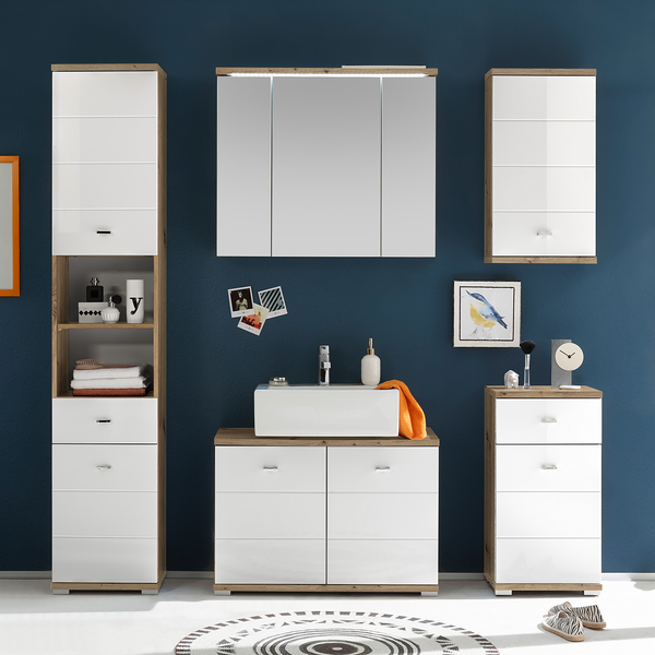 Waschbeckenunterschrank Wyntoon - Hochglanz Weiß / Eiche Dekor - Breite: 80 cm