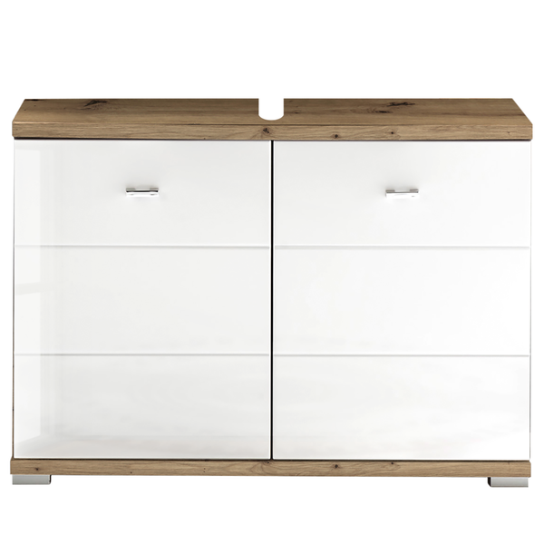 Waschbeckenunterschrank Wyntoon - Hochglanz Weiß / Eiche Dekor - Breite: 80 cm