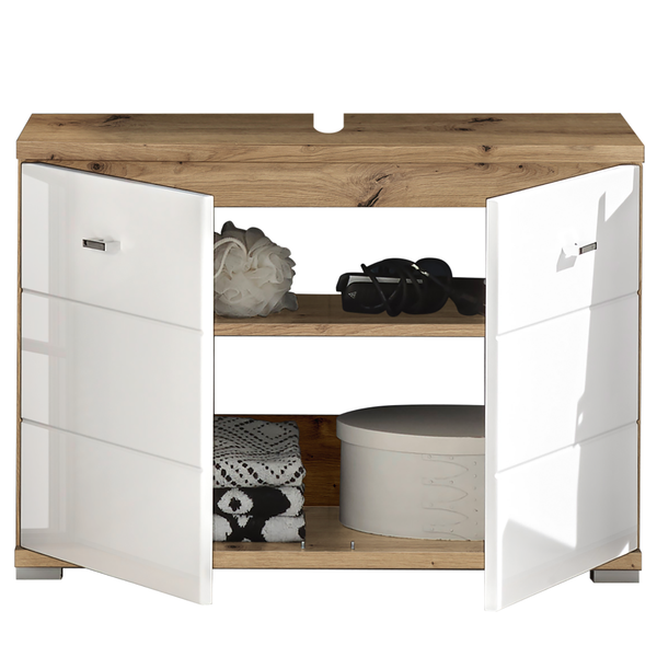 Waschbeckenunterschrank Wyntoon - Hochglanz Weiß / Eiche Dekor - Breite: 80 cm