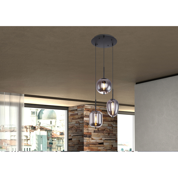 Pendelleuchte Blacky I - Rauchglas / Eisen - 3-flammig