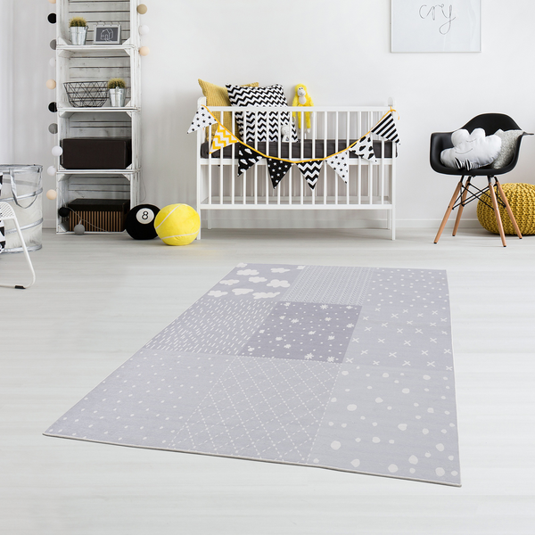 Kinderteppich Patchwork - Polyester / Baumwolle - Hellgrau / Weiß - 90 x 160 cm