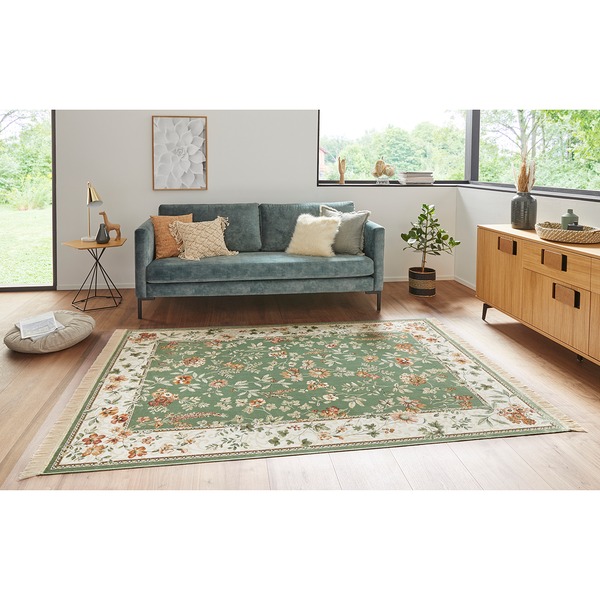 Kurzflorteppich Oriental Flowers - Viskose / Baumwolle - Grün - 95 x 140 cm