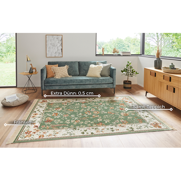 Kurzflorteppich Oriental Flowers - Viskose / Baumwolle - Grün - 95 x 140 cm